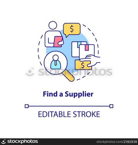 Find supplier concept icon. Manufacturer, distributor. How to start export business abstract idea thin line illustration. Isolated outline drawing. Editable stroke. Arial, Myriad Pro-Bold fonts used. Find supplier concept icon