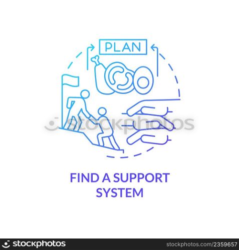 Find support system blue gradient concept icon. Maintaining weight after long calorie diet abstract idea thin line illustration. Isolated outline drawing. Myriad Pro-Bold font used. Find support system blue gradient concept icon