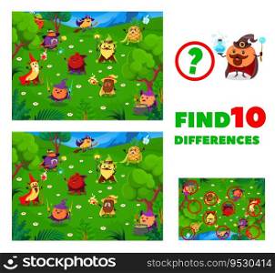Find ten differences between fruit wizards and mages characters. Objects comparing puzzle vector worksheet with plum, lemon, pineapple and banana, kiwi, orange sorcerer funny personages on meadow. Find ten differences between fruit wizards