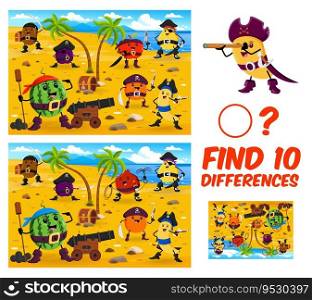 Find ten differences. Cartoon fruit pirates and corsairs characters kids game worksheet. Vector matching puzzle with pirate treasure island, funny orange, apple, mango and banana fruits personages. Find ten differences game, cartoon fruit pirates