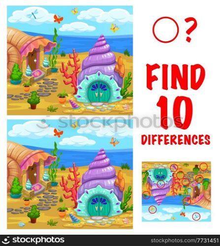 Find ten differences kids game with cartoon fantasy vector seashell houses on the seaside. Kindergarten children educational riddle with cartoon fairy shell dwelling. Child playing activity or puzzle. Find ten differences kids game with seashell house