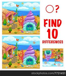 Find ten differences kids game with cartoon fantasy vector seashell houses on the seaside. Kindergarten children educational riddle with cartoon fairy shell dwelling. Child playing activity or puzzle. Find ten differences kids game with seashell house