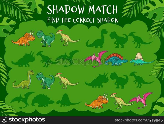 Find the correct dinosaur shadow, kids game or puzzle tabletop boardgame, vector. Dino shadow match board game with Jurassic T-rex tyrannosaurus, cartoon dragon brontosaurus and pterodactyl. Find the correct dinosaur shadow, kids game puzzle