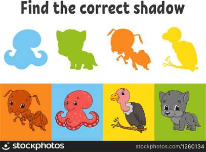 Find the correct shadow. Ant, octopus, vulture, wolf. Education worksheet. Matching game for kids. Color activity page. Puzzle for children. Cartoon character. Isolated vector illustration.