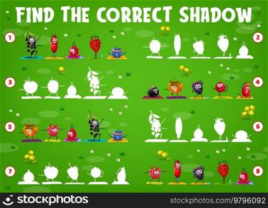 Find the correct shadow cartoon berry characters on yoga fitness. Kids matching game vector worksheet with birds cherry, cloudberry, barberry and cranberry. Raspberry, blueberry, strawberry and grape. Find the correct shadow cartoon berry on yoga