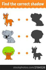 Find the correct shadow. Education developing worksheet. Matching game for kids. Color activity page. Puzzle for children. Cute character. Vector illustration. cartoon style.