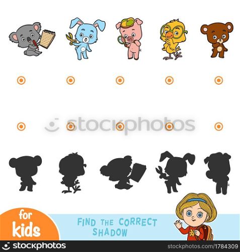 Find the correct shadow, education game for children. Set of cartoon animals - Pig, Rabbit, Chicken, Bear and Koala