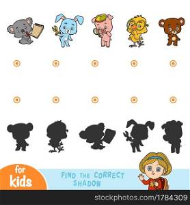Find the correct shadow, education game for children. Set of cartoon animals - Pig, Rabbit, Chicken, Bear and Koala