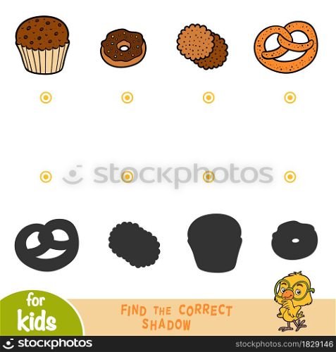 Find the correct shadow, education game for children. Set of sweet food - Donut, Pretzel, Cookies, Cupcake