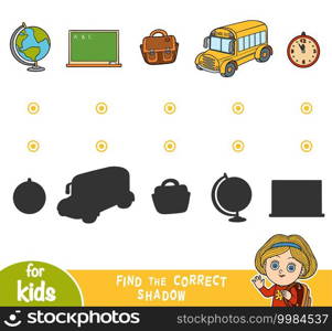 Find the correct shadow, education game for children. Cartoon school objects