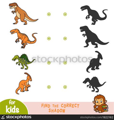 Find the correct shadow, education game for children. Set of cartoon dinosaurs