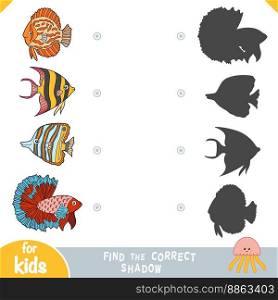 Find the correct shadow, education game for children, Set of cartoon fish