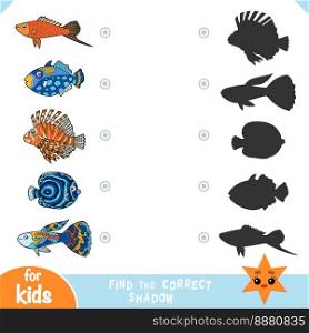 Find the correct shadow, education game for children, set of cartoon fish