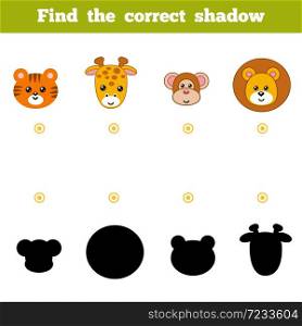 Find the correct shadow, education game for children. Set of cartoon zoo animals