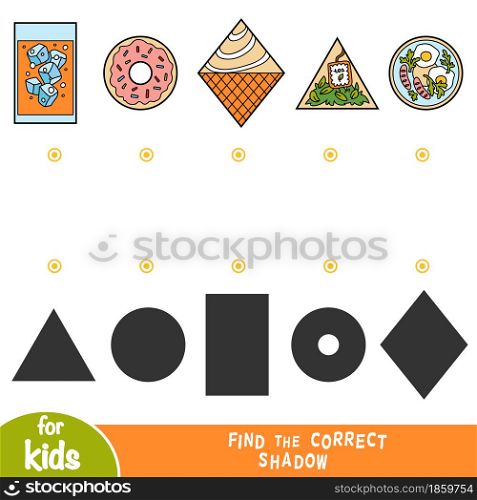 Find the correct shadow, education game for children, Set of food - orange juice, donut, ice cream, teabag, scrambled eggs