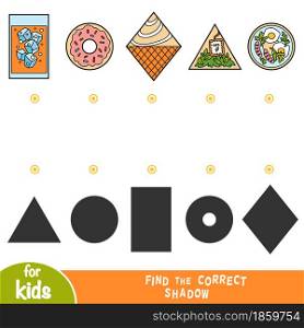 Find the correct shadow, education game for children, Set of food - orange juice, donut, ice cream, teabag, scrambled eggs