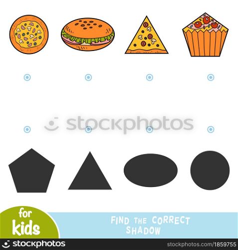 Find the correct shadow, education game for children, set of food - pizza, burger, cupcake