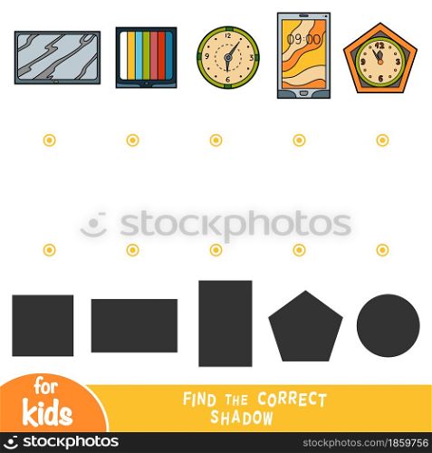 Find the correct shadow, education game for children, set of objects - Clock, TV, Smartphone