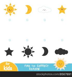 Find the correct shadow, education game for children, set of objects of nature