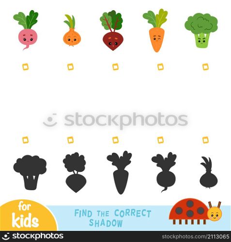 Find the correct shadow, education game for children. Set of vegetables with funny faces