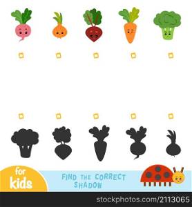 Find the correct shadow, education game for children. Set of vegetables with funny faces
