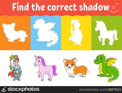 Find the correct shadow. Education worksheet. Matching game for kids. Fairytale theme. Color activity page. Puzzle for children. Cartoon character. Isolated vector illustration.