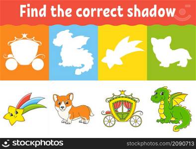 Find the correct shadow. Education worksheet. Matching game for kids. Fairytale theme. Color activity page. Puzzle for children. Cartoon character. Isolated vector illustration.