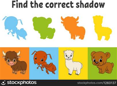 Find the correct shadow. Education worksheet. Matching game for kids. Yak, ant, alpaca, bear. Color activity page. Puzzle for children. Cartoon character. Isolated vector illustration.