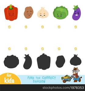 Find the correct shadow, game for children. Set of vegetables with funny faces