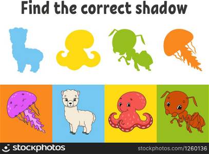 Find the correct shadow. Jellyfish, alpaca, octopus, ant. Education worksheet. Matching game for kids. Color activity page. Puzzle for children. Cartoon character. Isolated vector illustration.
