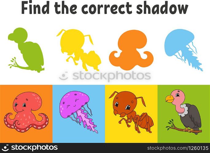 Find the correct shadow. Octopus, jellyfish, ant, vulture. Education worksheet. Matching game for kids. Color activity page. Puzzle for children. Cartoon character. Isolated vector illustration.