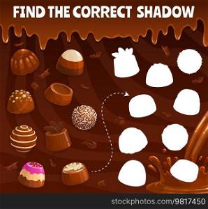 Find the correct shadow of chocolate praline and fudge candy. Souffle, truffle and jelly, hazelnut bonbons. Shadow match children quiz, similarity search puzzle vector worksheet with chocolate candies. Find the correct shadow of chocolate candy game