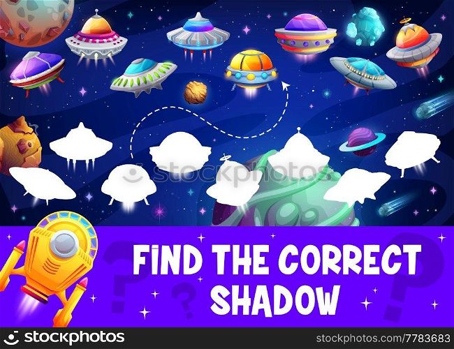 Find the correct shadow of ufo or alien starship game worksheet. Cartoon vector kids matching logic activity, preschool or kindergarten educational boardgame riddle page for logical mind development. Find the correct shadow of ufo alien starship game