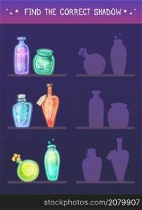 Find the correct shadow. Vector template for preschool games. Childrens educational fun. Find right silhouette for group of bottles on shelves. Cartoon various magical potions, poisons and antidotes.