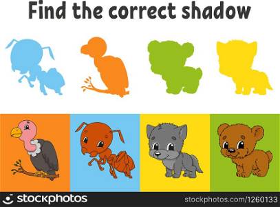 Find the correct shadow. Vulture, ant, wolf, bear. Education worksheet. Matching game for kids. Color activity page. Puzzle for children. Cartoon character. Isolated vector illustration.