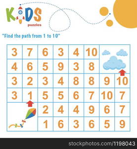 Find the path from 1 to 10. Easy colorful math worksheet practice for kids in preschool, elementary and middle school.