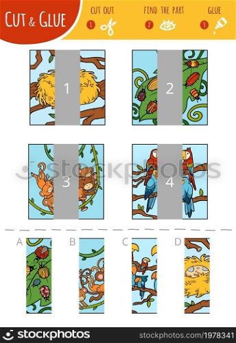 Find the right part, education cut and glue game for children. Set of cartoon illustration about animals - parrots, monkeys, bugs, birds nest