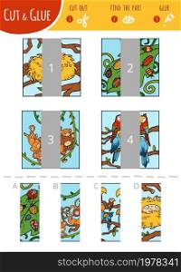 Find the right part, education cut and glue game for children. Set of cartoon illustration about animals - parrots, monkeys, bugs, birds nest