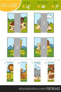 Find the right part, education cut and glue game for children. Set of cartoon illustration about animals - bears, rhino, giraffe, lions