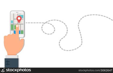 Find the right place using the phone GPS navigation concept vector flat illustration banner