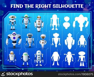 Find the right robot silhouette kids maze game. Shadow match vector riddle with cartoon ai cyborgs. Children logic test with androids and artificial intelligence bots. Task for baby mind development. Find the right robot silhouette kids maze game