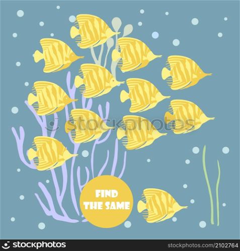 Find the same fish. Educational children logical game stock