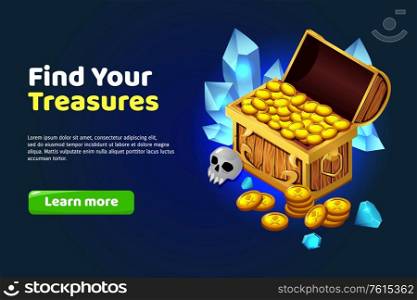Find treasure cartoon poster with chest of gold and jemstones vector illustration