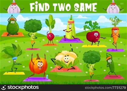 Find two same yoga fitness cartoon vegetables, vector kids or tabletop riddle. Find and match correct spinach, avocado and cucumber on sport training or yoga exercise on field, board game puzzle. Find two same yoga fitness cartoon vegetables game