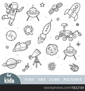 Find two the same pictures, black and white education game for children, Astronaut and space objects