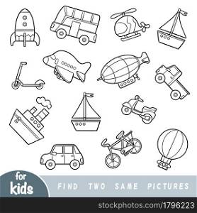 Find two the same pictures, education game for children. Black and white set of transport objects