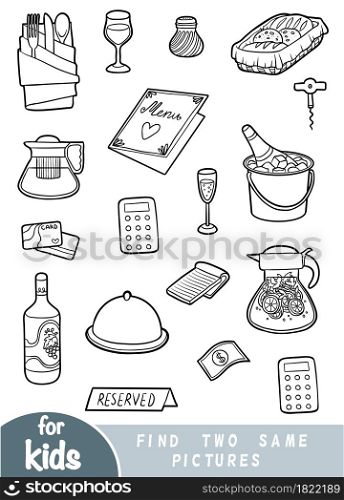 Find two the same pictures, education game for children. Black and white set of objects for a restaurant