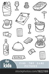 Find two the same pictures, education game for children. Black and white set of objects for a restaurant