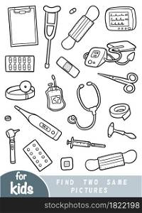Find two the same pictures, education game for children. Black and white set of medicine items