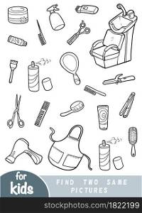 Find two the same pictures, education game for children. Black and white set of hairdressers items